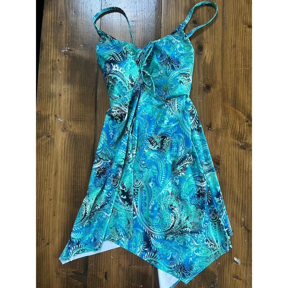 Hanna Nikole Teal Paisley Handkerchief Hem Swim Dress Plus Size 18W NWT